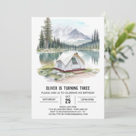 Waterverf Tent in het bos Verjaardagsuitnodiging Kaart (Staand voorkant)