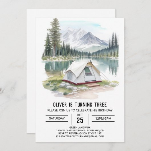 Waterverf Tent in het bos Verjaardagsuitnodiging Kaart (Voorkant / Achterkant)