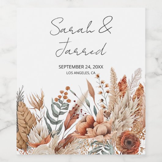 Waterverf Terracotta Bloemen Bruiloft Wijn Etiket (Enkel label)