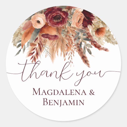Waterverf Terracotta Bloemen Pampas Bedankt Ronde Sticker (Voorkant)
