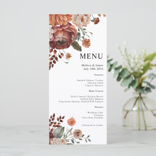 Waterverf Terracotta Bloemen Witte Huwelijk Menu (Staand voorkant)