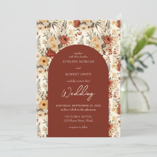 Waterverf terracotta en ivoren wilde bloemen kaart (Staand voorkant)