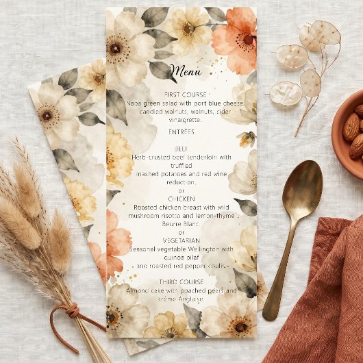 Waterverf Terracotta en Perzik Bloemige Bruiloft Menu