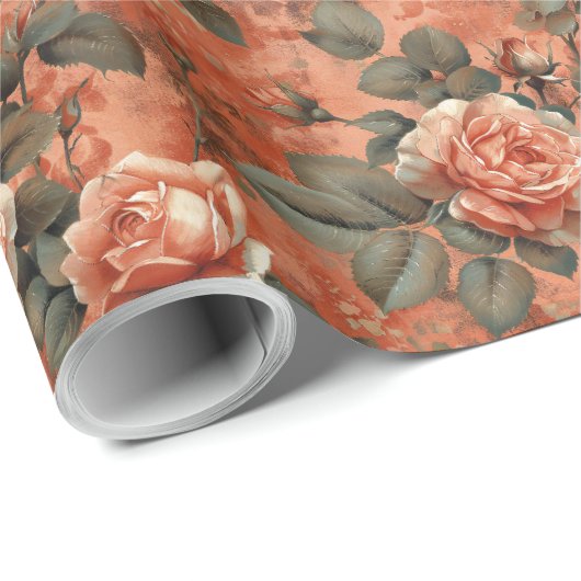 waterverf terracotta Engelse rozen koper Cadeaupapier (Rol Hoek)