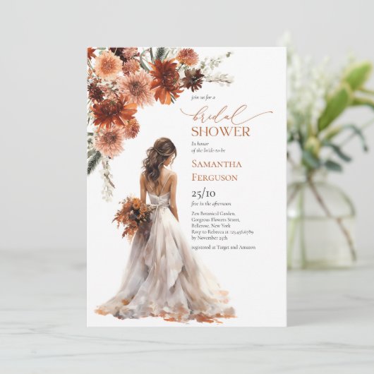 Waterverf terracotta herfst bloemen bruidsjurk kaart (Staand voorkant)