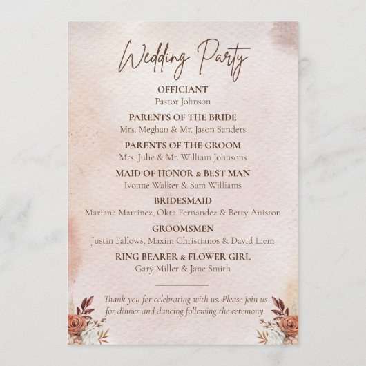 Waterverf Terracotta Herfst Bohemian Boho Floral Programmakaart (Achterkant)