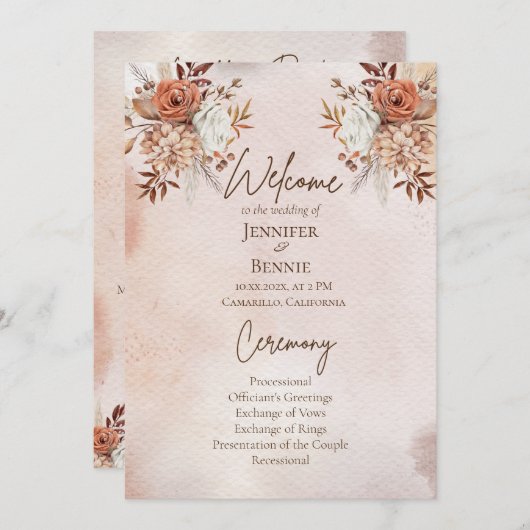 Waterverf Terracotta Herfst Bohemian Boho Floral Programmakaart (Voorkant / Achterkant)