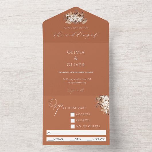 Waterverf terracotta herfst wilde bloem bruiloft all in one uitnodiging (Binnen)