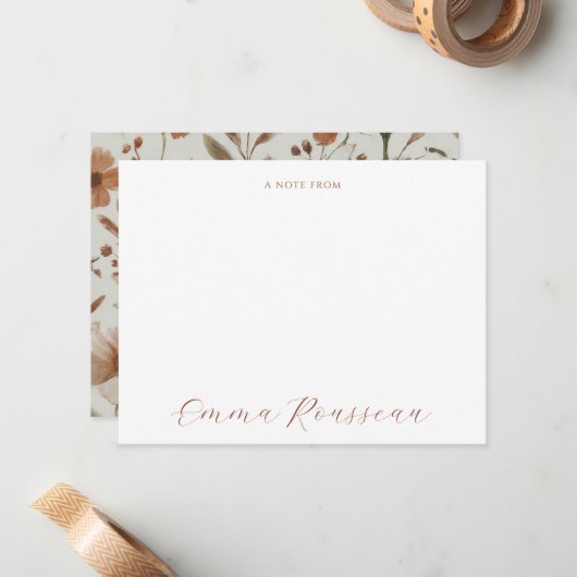 Waterverf Terracotta Wildflowers Script Note van Notitiekaartje (Voorkant / Achterkant in situ)