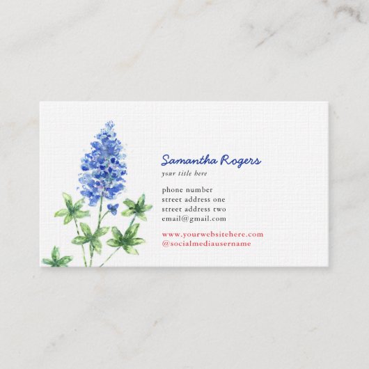 Waterverf Texas Bluebonnet en Flag Visitekaartje (Voorkant)