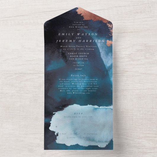 Waterverf Texture Moody Roos Gold Navy Wedding All In One Uitnodiging (Binnen)