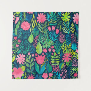 Waterverf textuur met bloemen en planten. Floral Wandkleed