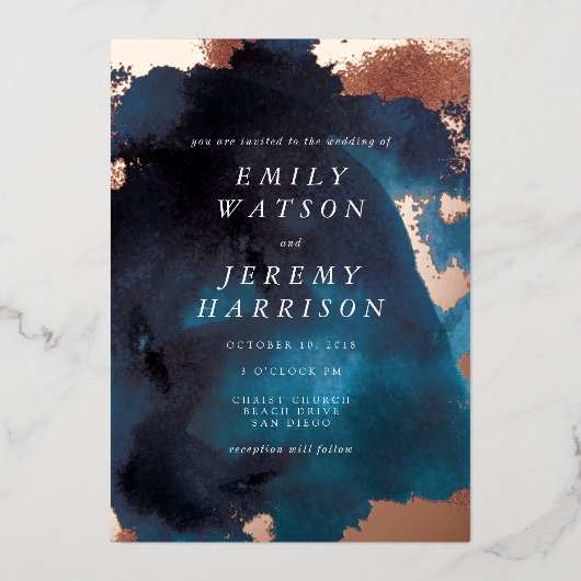 Waterverf Textuur Sfeervol Navy Bruiloft Folie Uitnodiging (Voorkant)