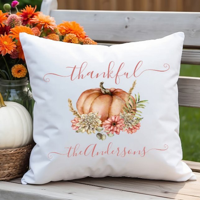 Waterverf Thankful Autumn Herfst Pumpkin Floral Kussen (Creator heeft geüpload)