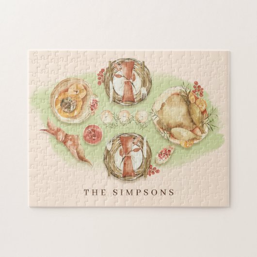 Waterverf Thanksgiving Diner Familie Legpuzzel (Horizontaal)