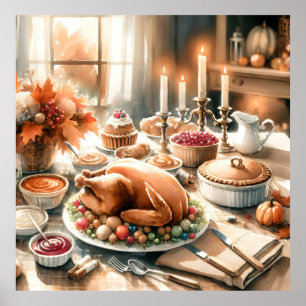 Waterverf Thanksgiving dinerscène Poster