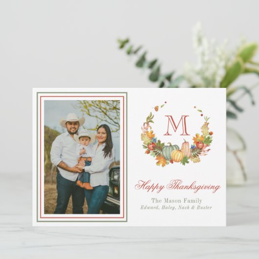 Waterverf Thanksgiving monogram krans foto Feestdagenkaart (Staand voorkant)