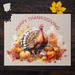 Waterverf Thanksgiving Turkije en pompoenen Legpuzzel<br><div class="desc">Onze aangepaste puzzel, versierd met een prachtige waterverf Thanksgiving Turkije, sierlijk zitten tussen een achtergrond van levendige herfstbladeren en mollige pompoenen, legt de essentie van het seizoen vast. De warme tinten en artistieke details zetten de toon voor een heerlijke bijeenkomst gevuld met dankbaarheid en vreugde. Vermaak uw vrienden en familie...</div>