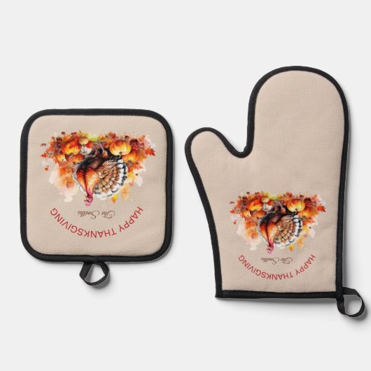 Waterverf Thanksgiving Turkije en pompoenen Ovenwant & Pannenlap Set (Voorkant)