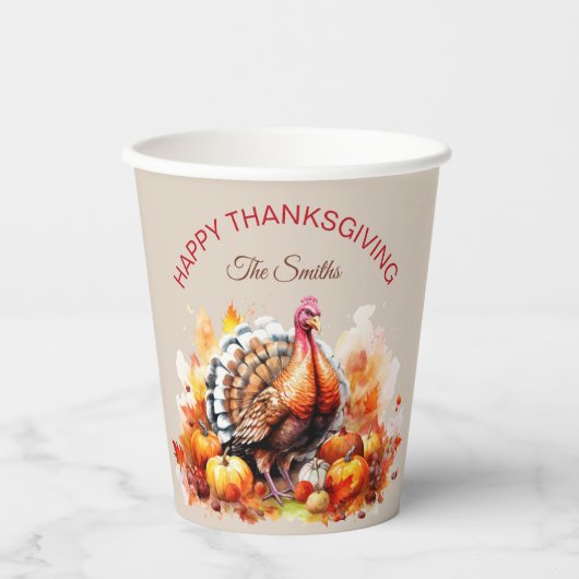 Waterverf Thanksgiving Turkije en pompoenen Papieren Bekers (Voorkant)