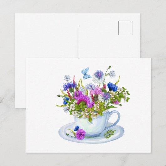 Waterverf theekopje met korenbloemen, wilde bloeme briefkaart (Voorkant / Achterkant)