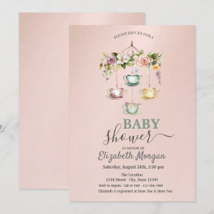 Waterverf Theekopjes Bloemetjes Baby Shower Kaart