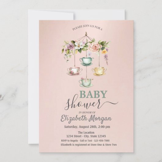 Waterverf theekopjes Floral Baby shower Kaart (Voorkant)