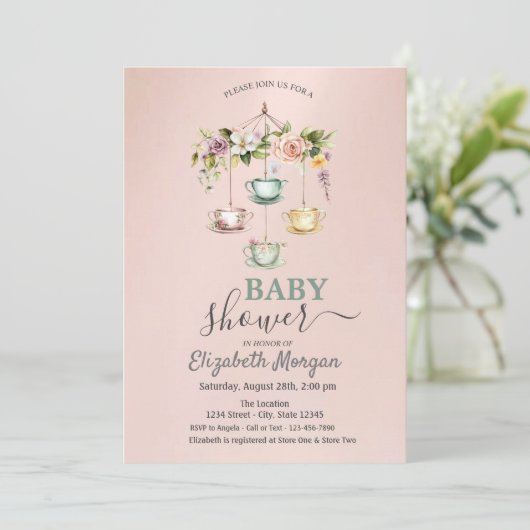 Waterverf theekopjes Floral Baby shower Kaart (Staand voorkant)