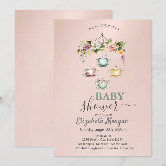 Waterverf theekopjes Floral Baby shower Kaart (Voorkant / Achterkant)