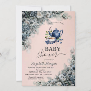 Waterverf Theepot Blauwe Bes Bloemen Baby Shower Kaart