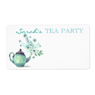 Waterverf Theepot Bloem Stroom Mint Aqua Etiket