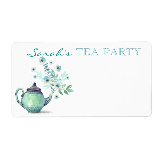 Waterverf Theepot Bloem Stroom Mint Aqua Etiket (Voorkant)