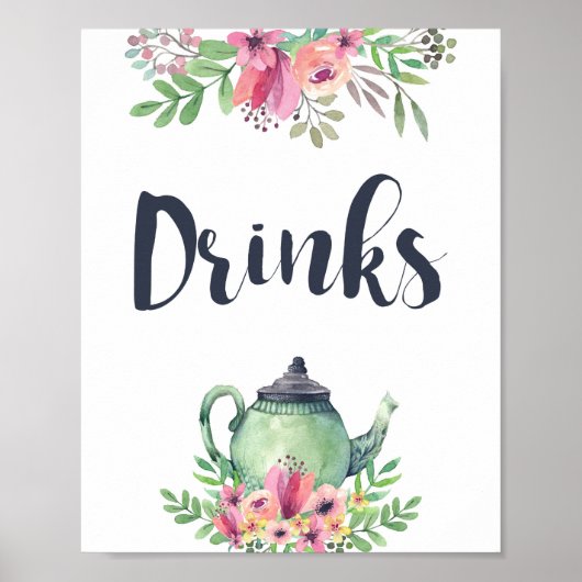 Waterverf Theepot Drankjes Bord Poster (Voorkant)