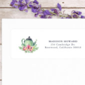 Waterverf theepot en bloemen retour adreslabel etiket