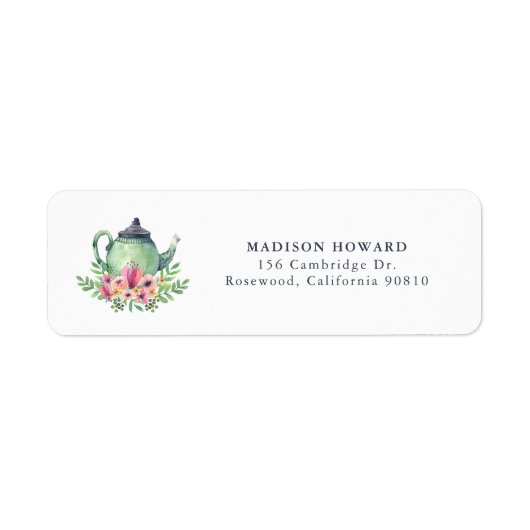 Waterverf theepot en bloemen retour adreslabel etiket (Voorkant)