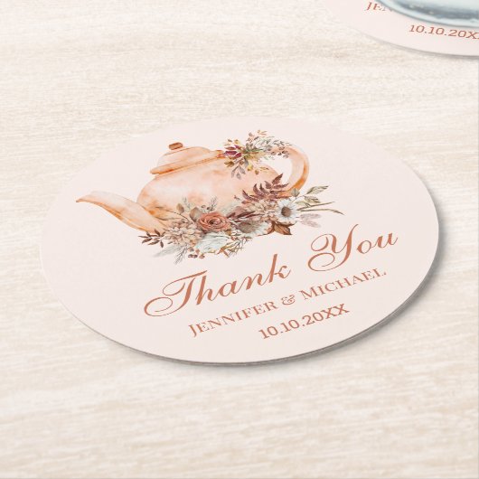 waterverf theepot herfst herfstbruiloft bedankt ronde kartonnen onderzetter (Gebogen)