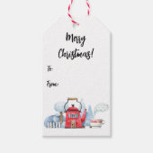 Waterverf theepot huis sneeuwbomen to-from cadeaulabel (Voorkant)