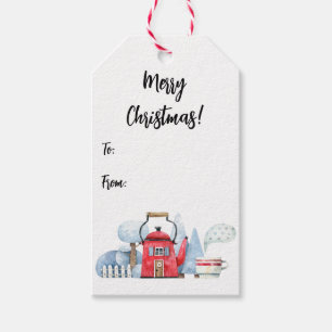 Waterverf theepot huis sneeuwbomen to-from cadeaulabel