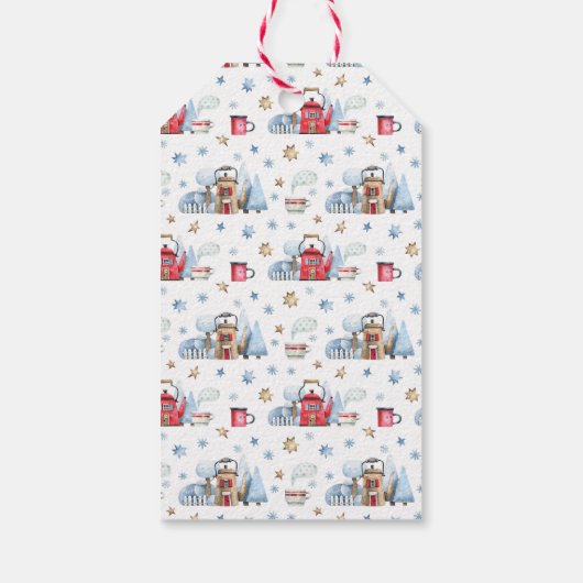 Waterverf theepot huis sneeuwbomen to-from cadeaulabel (Achterkant)