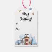 Waterverf theepot huis sneeuwbomen to-from cadeaulabel (Voorkant)