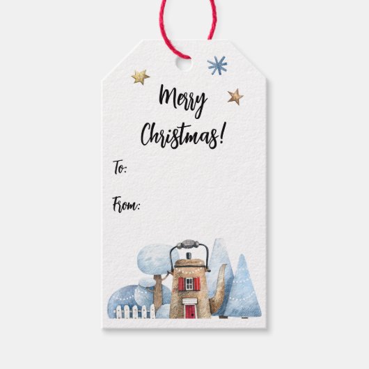 Waterverf theepot huis sneeuwbomen to-from cadeaulabel (Voorkant)