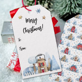 Waterverf theepot huis sneeuwbomen to-from cadeaulabel