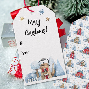 Waterverf theepot huis sneeuwbomen to-from cadeaulabel