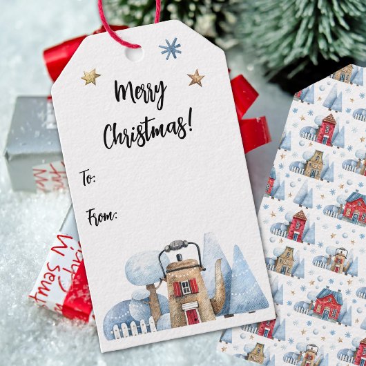 Waterverf theepot huis sneeuwbomen to-from cadeaulabel