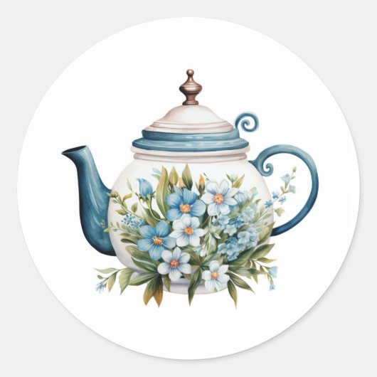 Waterverf Theepot met witte blauwe bloem klassiek Ronde Sticker (Voorkant)