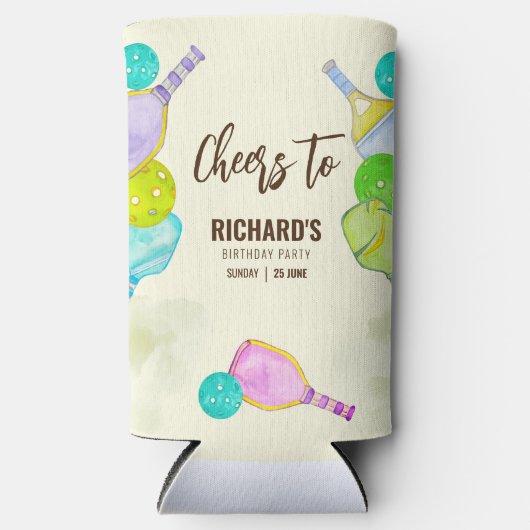 Waterverf thema pickleball licht verjaardagsfeestj seltzer blikjeskoeler (Voorkant)