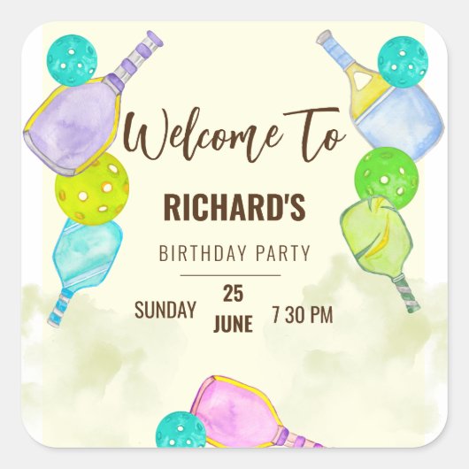 Waterverf Thema Pickleball Sport Verjaardagsfeest Vierkante Sticker (Voorkant)