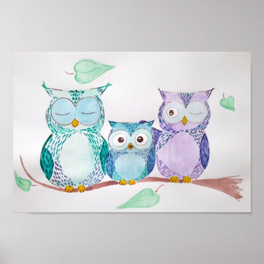 Waterverf thuisdecor, schattige uil, poster (Voorkant)