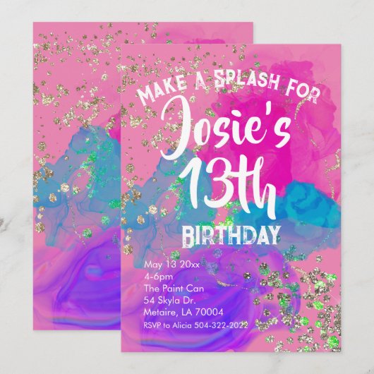 Waterverf Tie Dye Paint Birthday Uitnodiging (Voorkant / Achterkant)