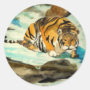 Waterverf Tiger Ronde Sticker